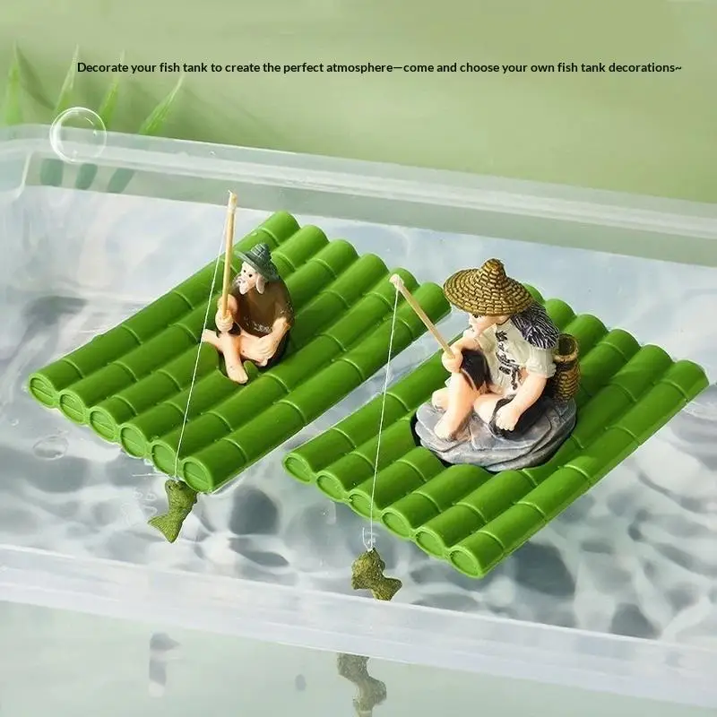 Floating Bamboo Raft Fishing Ornament Feeding Platform For Miniature Landscape Decoration Garden Statue Outdoor Decoration