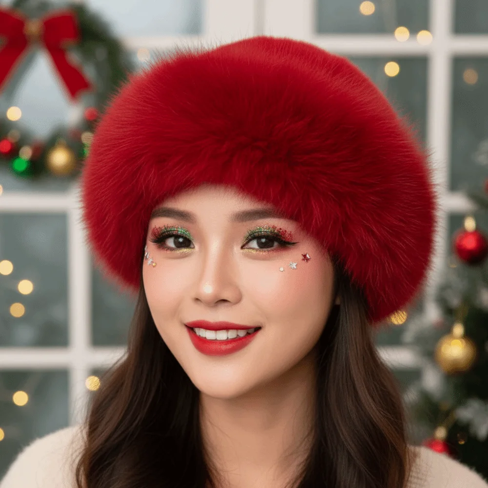 Holiday Round Bonnet Faux Fur Christmas Fur Hat Round Top Fleece Lined Fluffy Trapper Cap Solid Color Thick Bucket Hats Teens