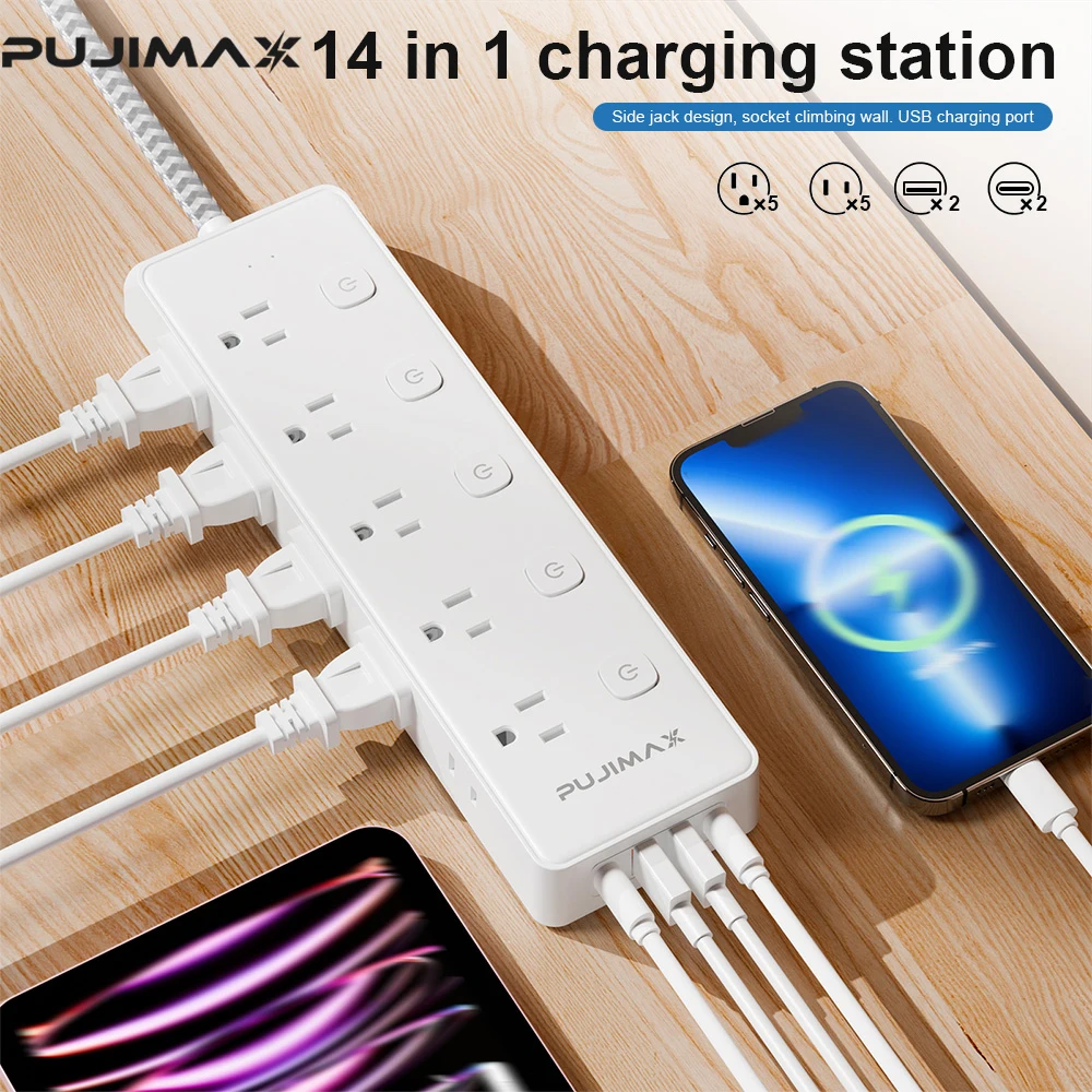 PUJIMAX US Plug Power Strip Multitap Independent Switch Power Socket Adapter USB Type C Ports Charge 1.5m Cord Extension Sockets