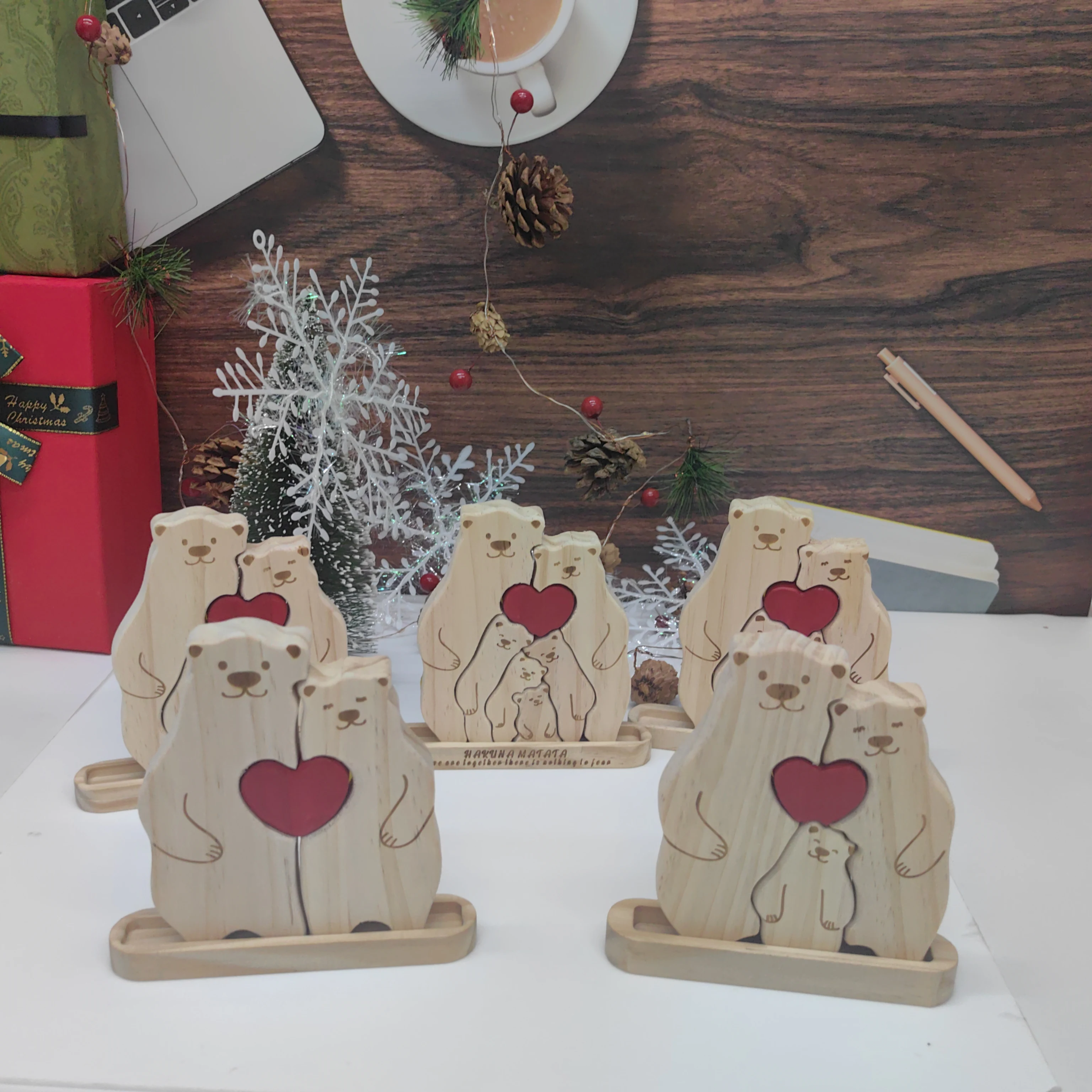 Engraving Name Bear Family Wooden Puzzle Free Personalized Custom Name for Birthday Gift Family Name Sculpture Home Desk Decor