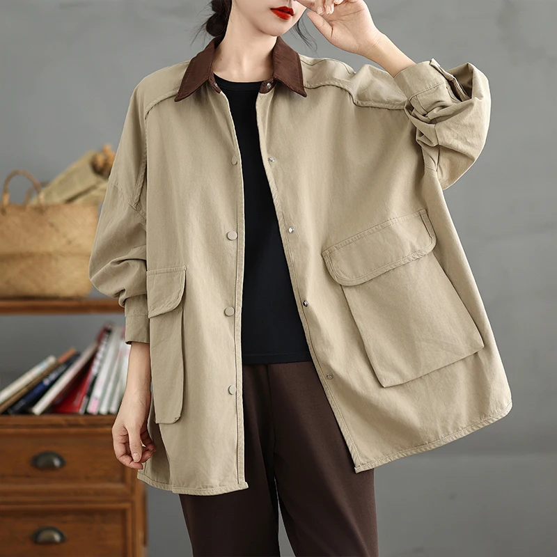 SuperAen Fashion Solid Color Loose Patchwork Lapel Collar Pocket Trench Coat for Women Autumn 2024 New Coat