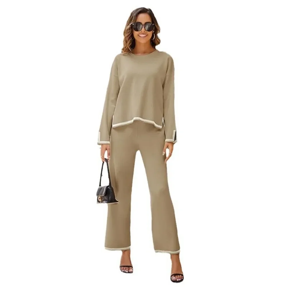 European and American Style Knitted 2-Piece Set - Long Sleeve Loose Top with Wide Leg Pants, Home Wear Casual Round Neck Suit