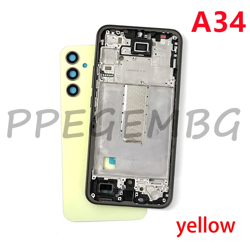 For Samsung Galaxy A34 5G A346 Housing Case Middle Frame Cover+Battery Back Cover Rear Lid Door+Camera Lens Side Buttons Parts