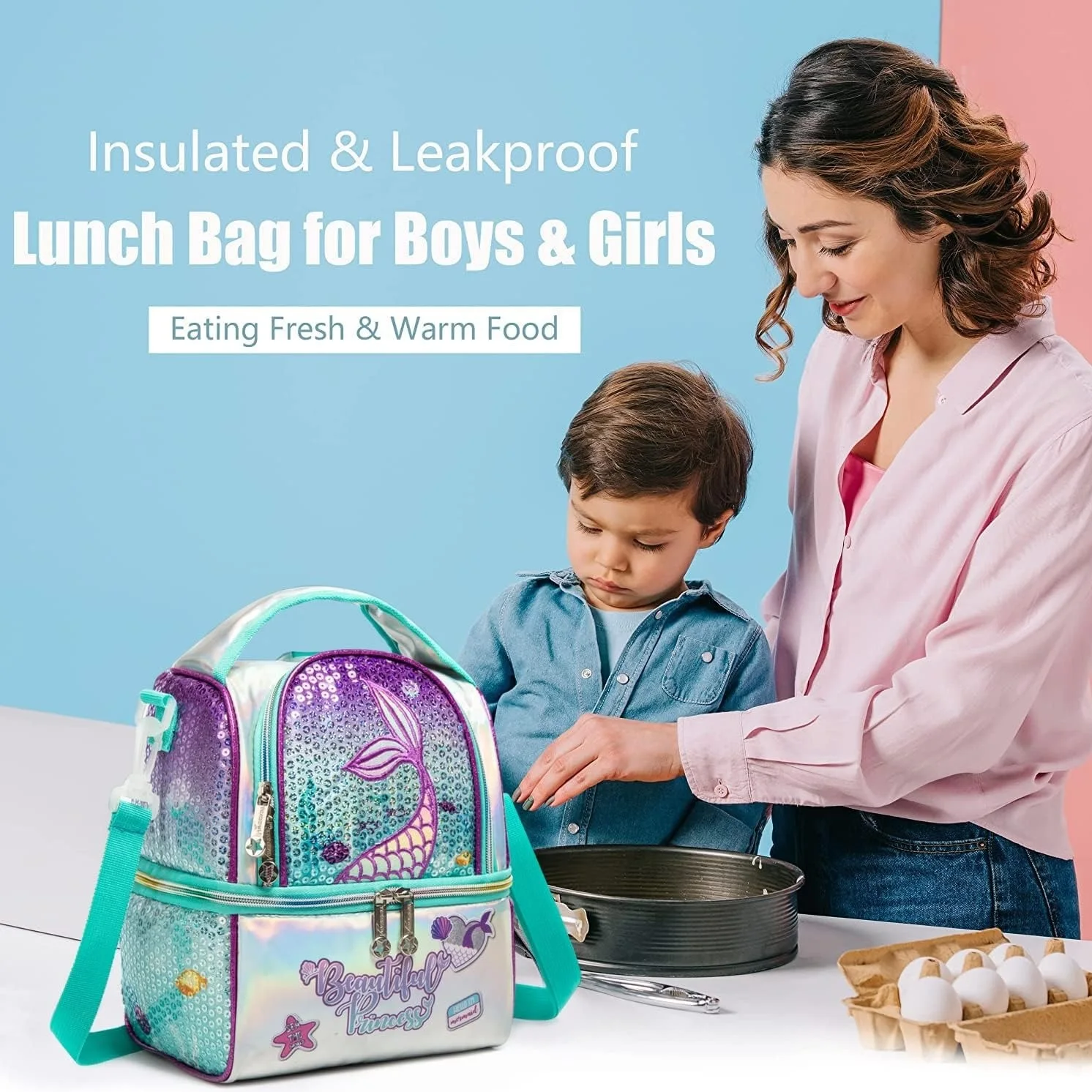 Lunch Bag for Kids Insulated Bag with Adjustable Strap High Capacity Lunchbox School Child Girls Mermaid Sequins Bento Bag