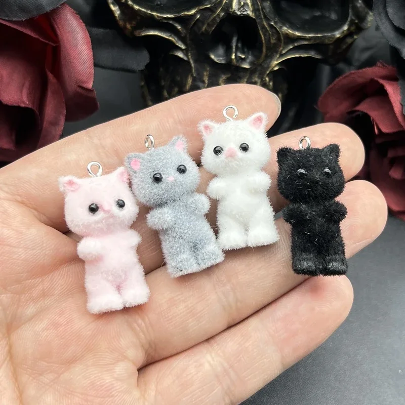2pcs 35*17mm 3D Cute Fluffy Flocking Cat Kawaii Flocking Charms Miniature Dolls Keychain Pendant DIY Crafts Jewelry Make