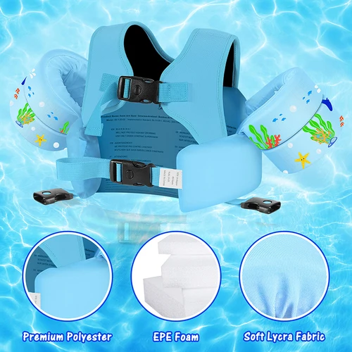 Imagen 2 del producto Chaleco de natación para niños pequeños, flotadores de brazo de natación de 15-70 libras, alas de agua de natación de dibujos animados con correa en la entrepierna, chalecos flotantes para piscina para niños