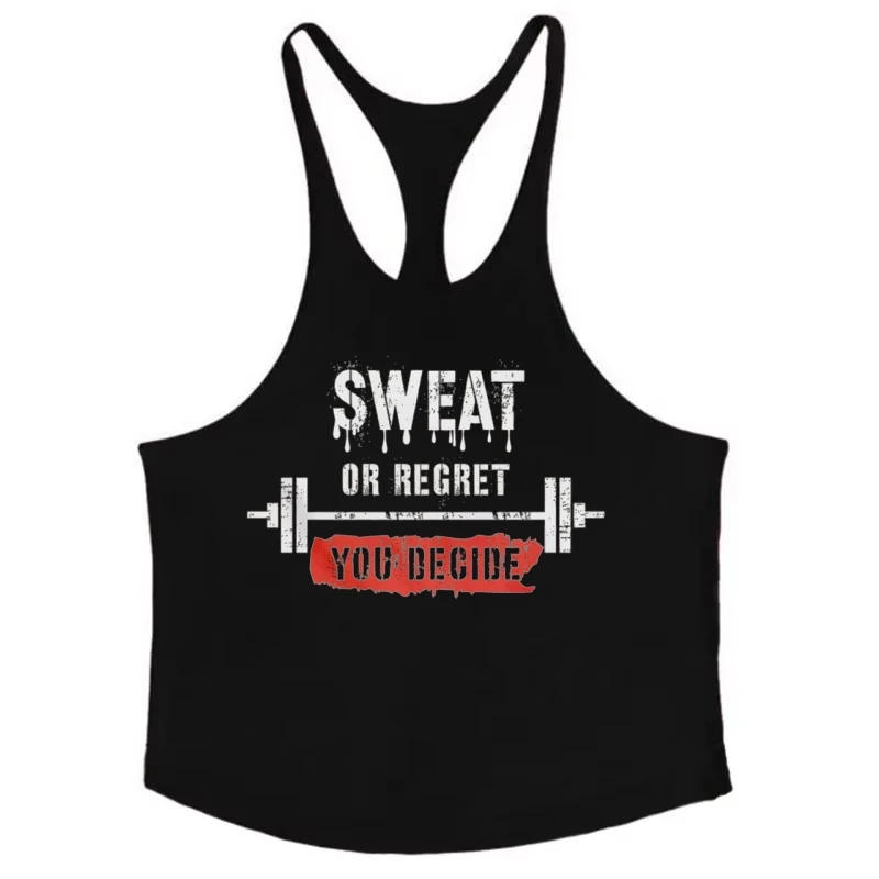 

Men's "Sweat Or Regret You Decide" Barbell Stringer Vest - Slim Fit Sleeveless Cotton for Summer Sport, Running & Gym