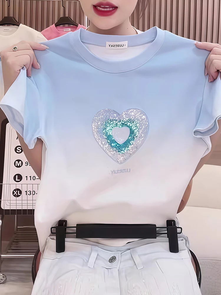 Casual o-neck short sleeved T-shirt women summer 2025 high-end feel design gradually changing color heart sequin top