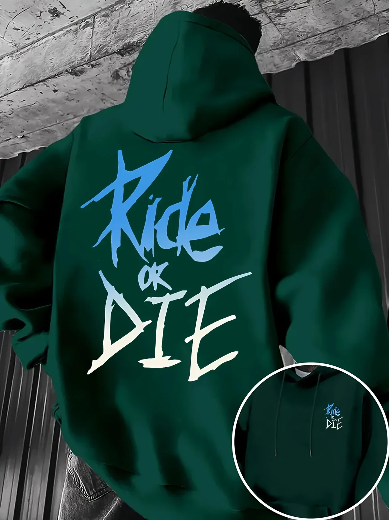 Graffiti-Print „RIDE OR DIE“, Street-Style, 100 % Polyesterfaser, Kängurutasche und verstellbarer Kordelzug, Schwarz, Blau und Weiß – Detail 5