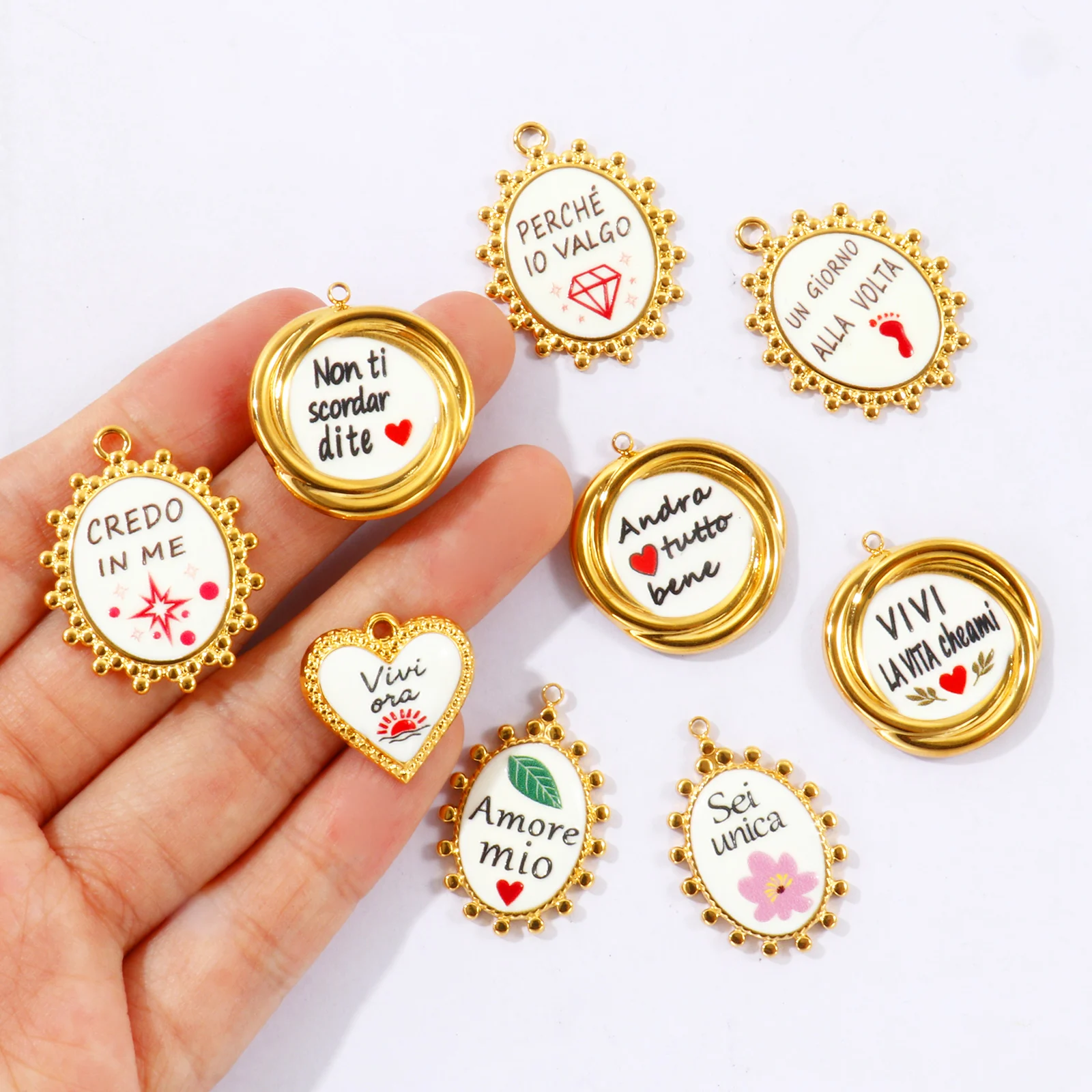2Pcs Single Sided Printed Enamel Italian Positive Quote Oval Heart Pendant Stainless Steel Charms for DIY Neckalce Jewelry Gift