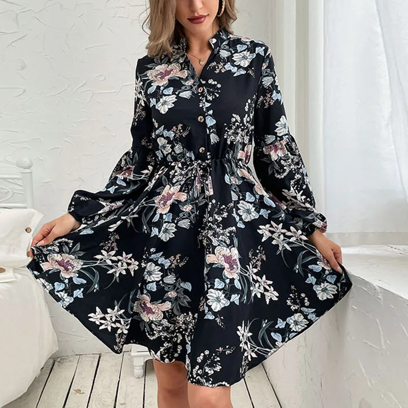 

New Popular Black Vintage Skirt 2025 Autumn and Winter Long Sleeve Elegant Printing Dress