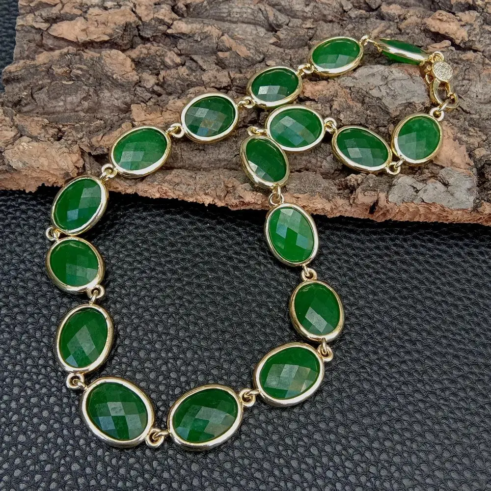 YYGEM fashion 13x18mm Faceted oval Green agate gold plated edged choker Necklace
