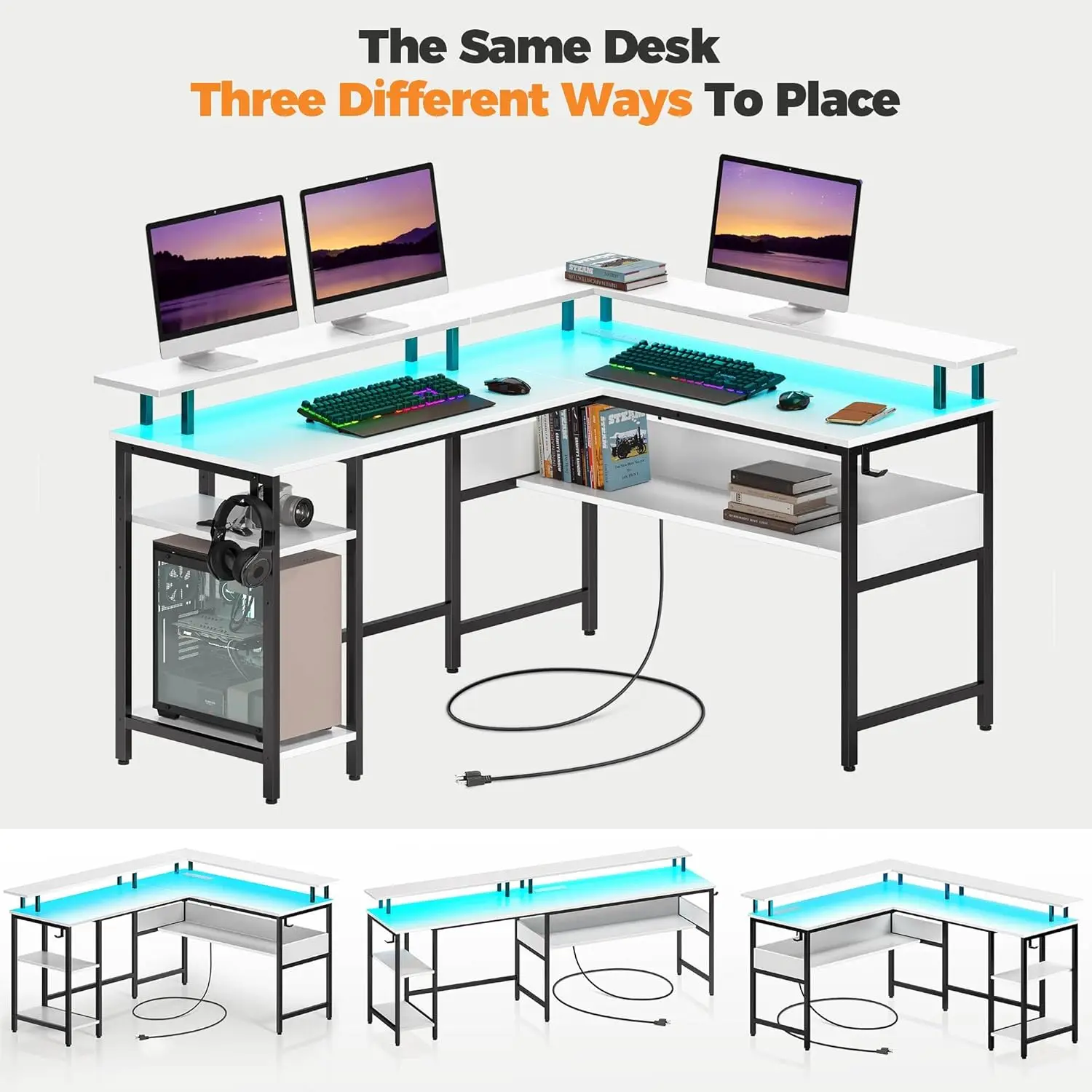 Computer desk L-shaped 56.7 inches, equipped with LED lights and power sockets, reversible L-shaped gaming table