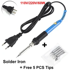 Fer à souder électrique 110V/220V 60W, prise EU/US, température réglable, fer à souder, pointe chauffante pour réparation de téléphone + 5 embouts gratuits