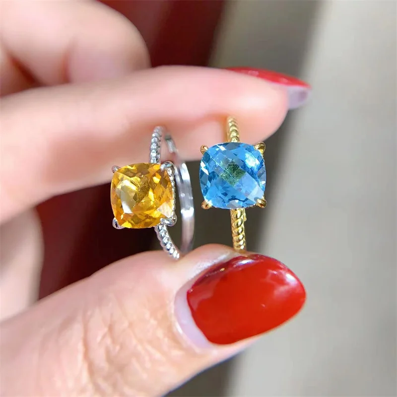 New Style Ring 925 Silver Natural Citrine Blue Topaz Simple Ring for Women Adjustable Size with Certificate Gemstone