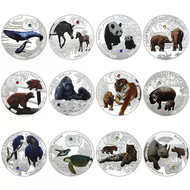 40MM Zambia African Animal Silver Plated Commemorative Coin Inlaid Crystal Tiger Panda Blue Whale Gorilla Collectible Souvenir