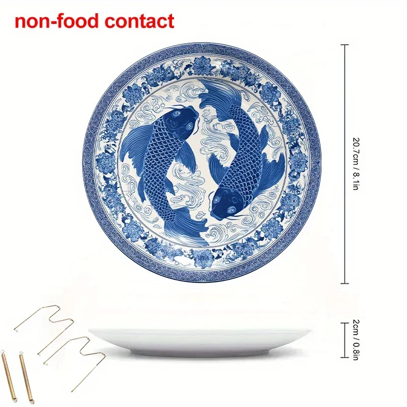 Large 8-Inch Blue and White Porcelain Koi Fish Wall Art Plaque - Vintage Chinese Style Ceramic Decorative Plate for Home, Ideal
