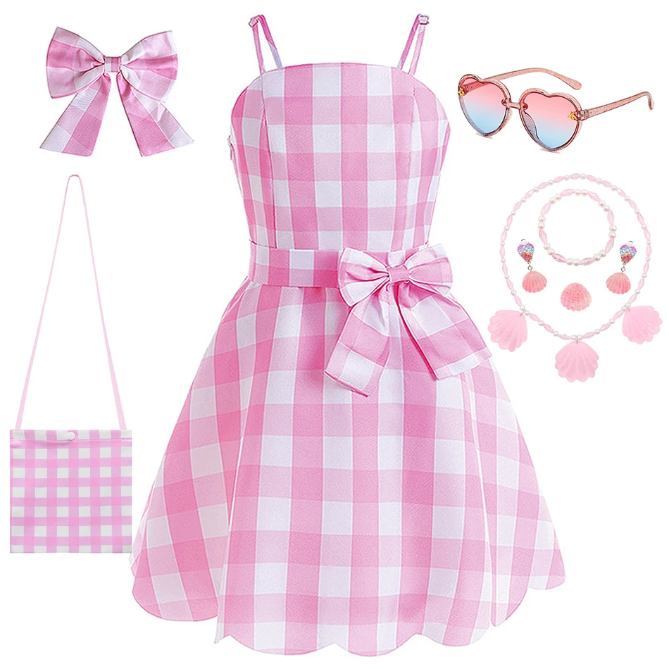 Mädchen Süßes Rosa Kariertes Trägerkleid Kinder Film-Cosplay Schleifenkleid Kinder Geburtstag Karneval Kleidung Sommer Urlaub Event Vestidos