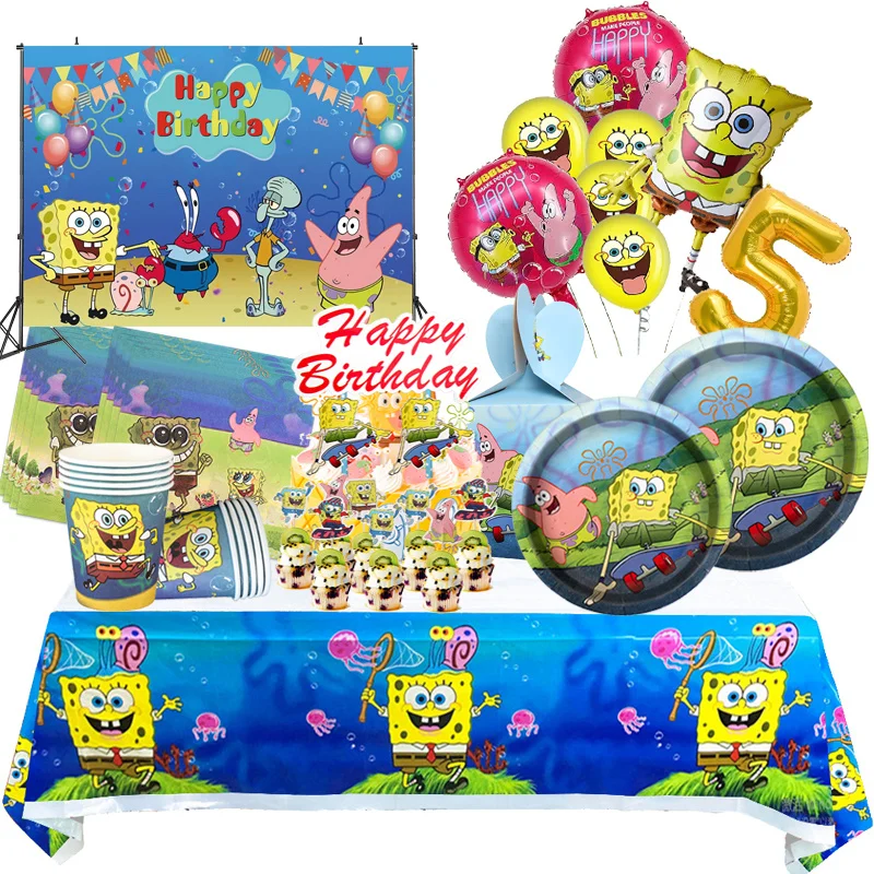 Spongebob Party Decorations SquarePants Birthday Party Favors Banner Table Cloth Cups Plates Party Balloons Baby Shower Supplies