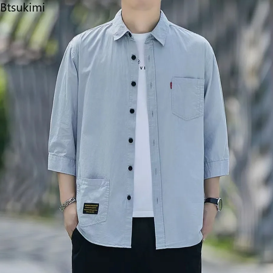 100% Cotton Shirts for Men 2025 Fashion Seven-half Sleeve Men Loose Casual Shirt Coats Breathable Work Shirt Streetwear Man Tops