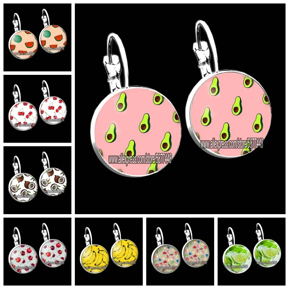 Cute Fruit Women Stud Earring Lovely Avocado and Cherry Girl Earring 15mm Glass Cabochon Earrings Gift