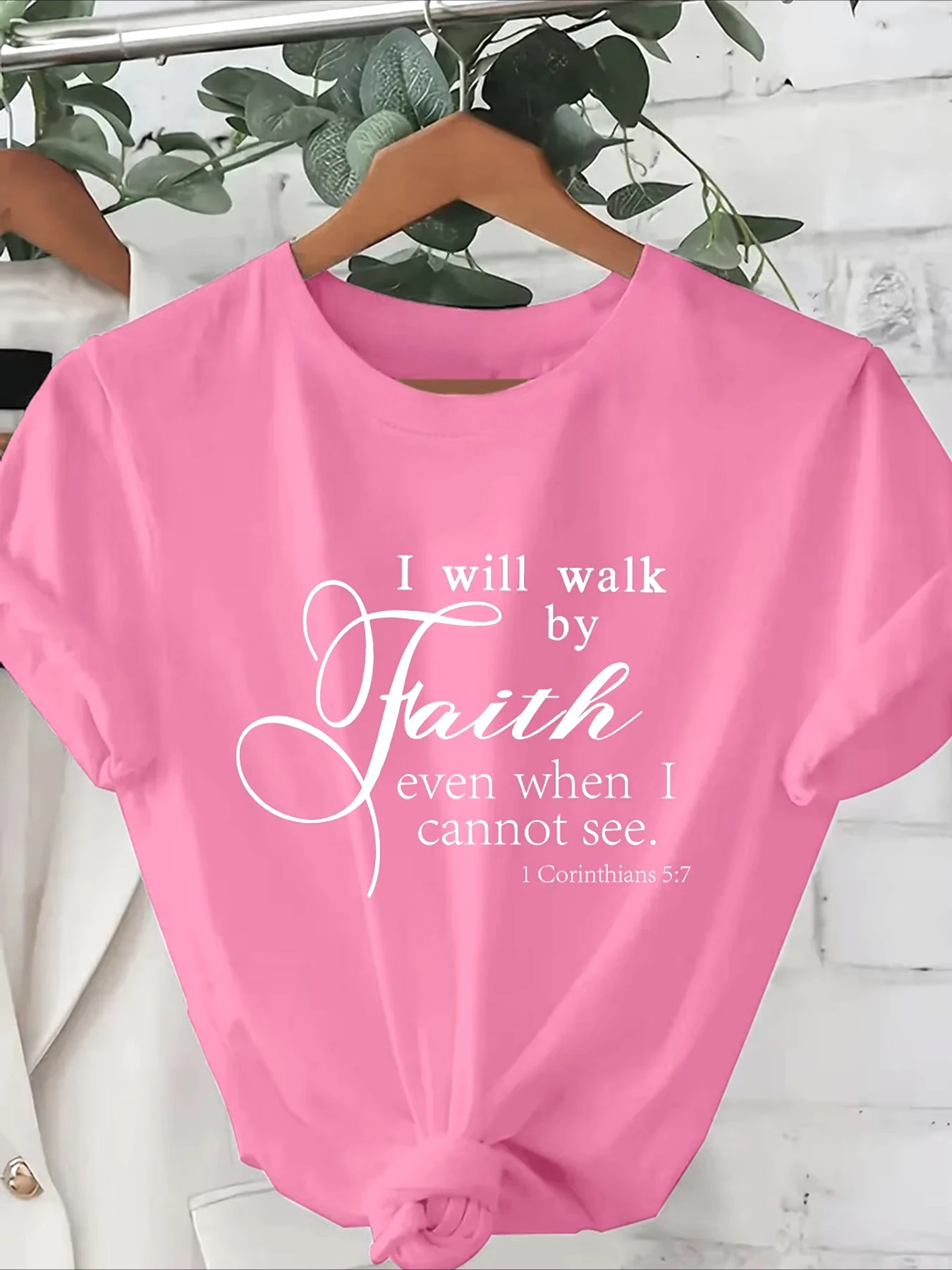 Walk By Faith Women's Tee Bible Verse Graphic Pink Casual Top Women's Aesthetics Round Neck Clearance Sales for Woman Clothing