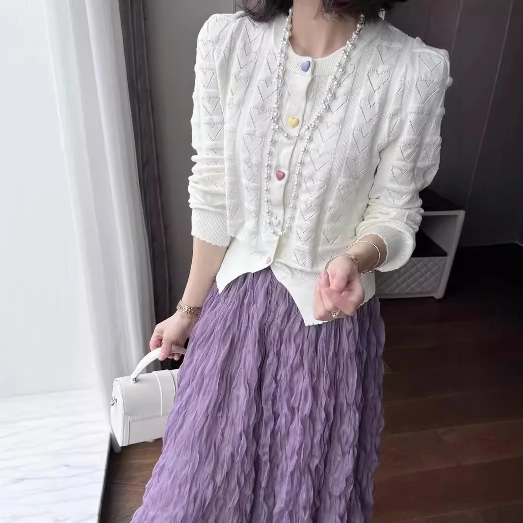 2024 Autumn And Winter New Style Long Love Buckle Bubble Sleeve Fine Wool Knitted Short Cardigan Sweater For Women