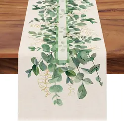 Spring Eucalyptus Leaf Greenery Linen Table Runner Dresser Scarf Summer Green Plants Dogwood Flower Table Runners Party Decor