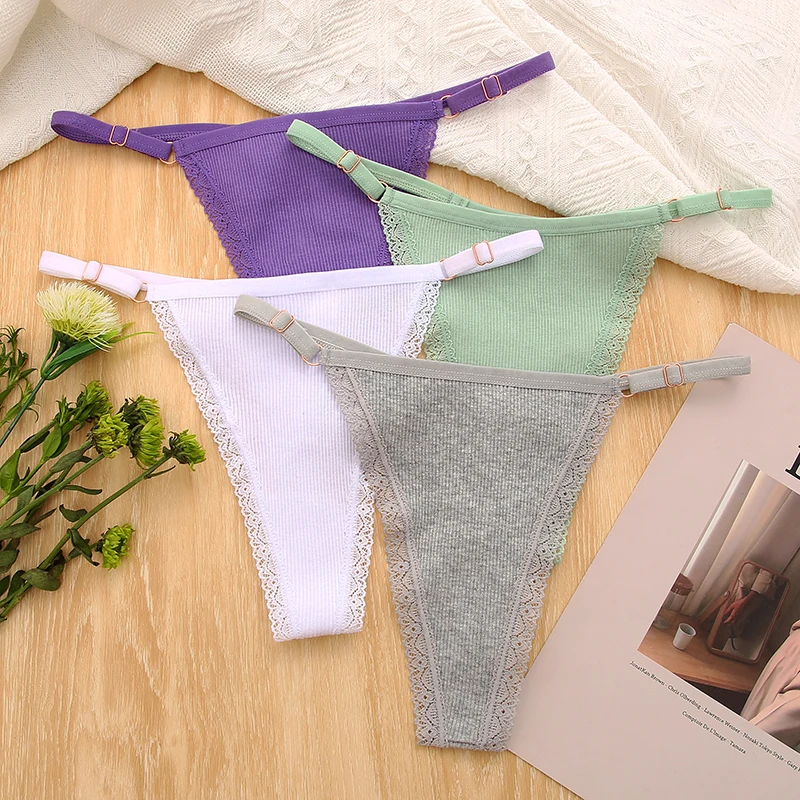 2PCS/Set Cotton Women\'s Panties Sexy Lace Thongs Woman Adjustable Low Waist Underwear Women Lingerie Intimates S-XL