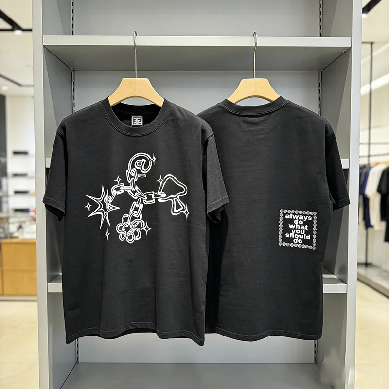 Hot New ADWYSD Streetwear T Shirt Men Chain Heart Star Pattern Oversized Crew Neck Daily Tee Top Fast Delivery