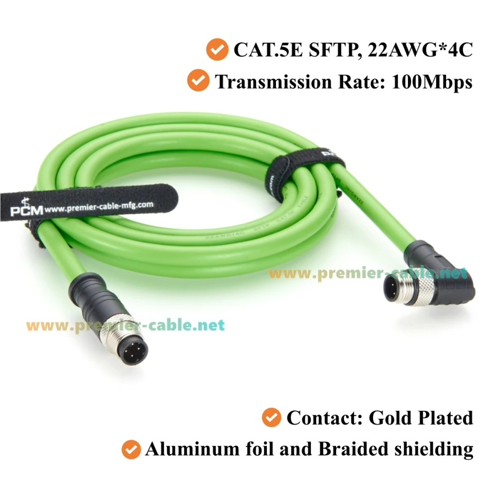 IP67 Rechtwinkliges M12 D-Codiertes 4-Pin-Stecker-zu-Stecker Industrielles Ethernet-Kabel 100Mbps CAT5e Schleppkettenkabel IP67 für PROFINET, PLC – Detail 3