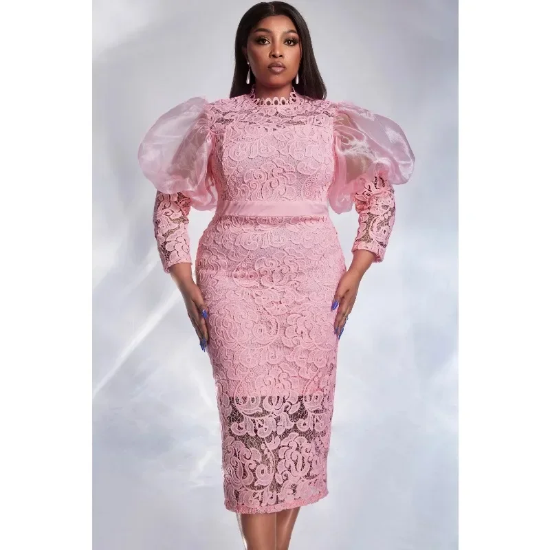 Women Plus Size Formal Dress Pink Lace Puff Sleeve See-Through Midi Dress Elegant Sweet Wedding Guest Cocktail Bodycon Dresses