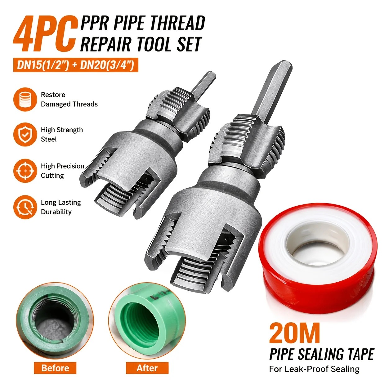 4PC PPR Pipe Thread Repair Tool Set DN15 DN20 Internal External Thread Cutter with 20M Sealing Tape for Water Pipe