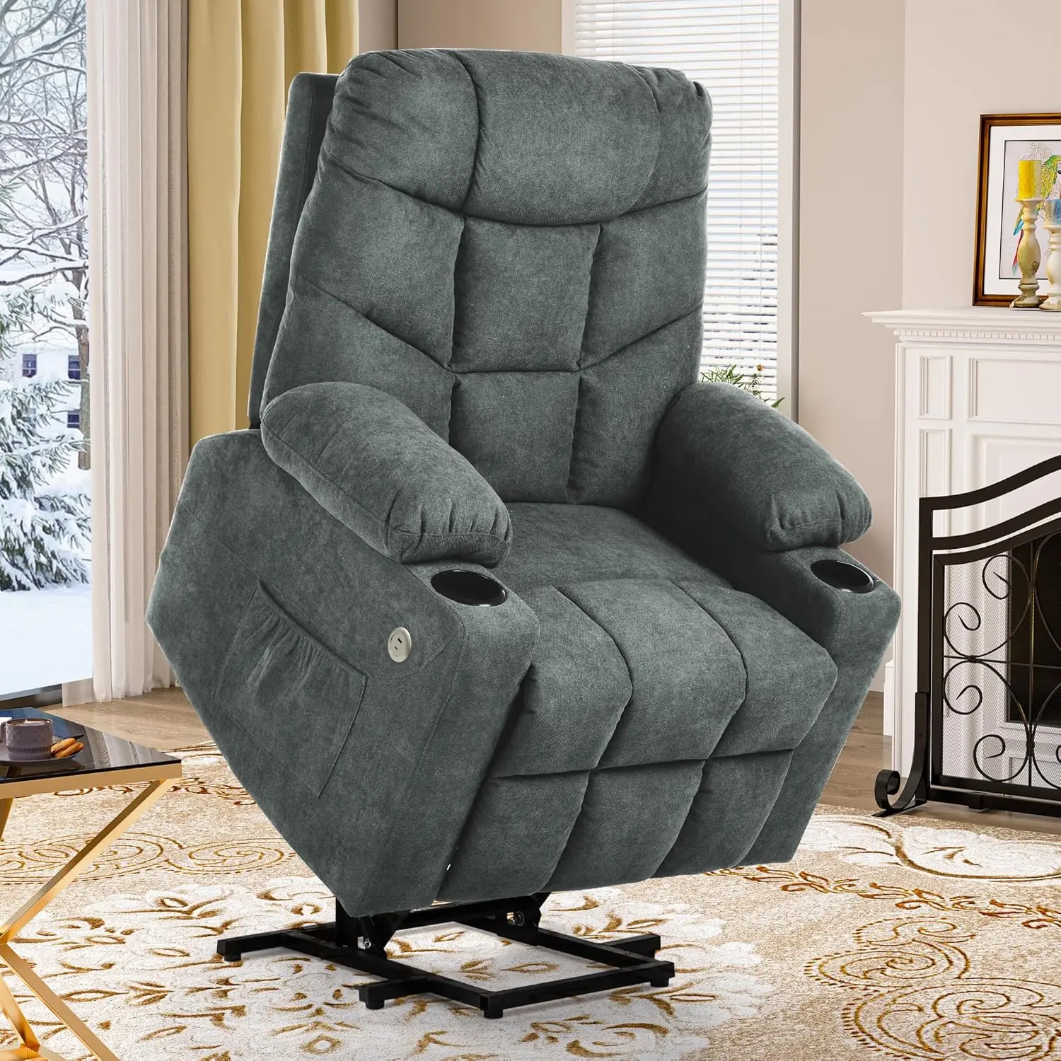 

Power Lift Recliner Chair, Modern Fabric Recliner Chair with Massage and Heat, Spacious Seat, USB Ports, Cup Holders, S