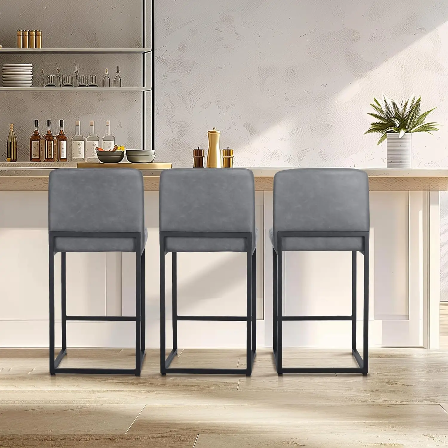 

Grey Counter Height Bar Stools Set Of 3 For Kitchen Counter 24 Inch Faux Leather Upholstered Barstools With Back, Customized