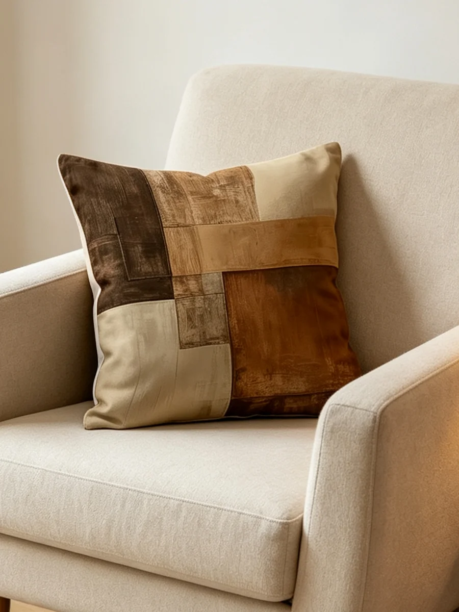 1PCS Digital Print Throw Pillow Neutral Brown Patchwork Abstract Print Minimalist Living Room Sofa Decor Cushion