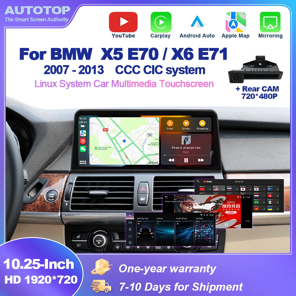 Écran Linux AUTOTOP 10,25 pouces avec YouTube, CarPlay sans fil, Android Auto pour BMW X5 X6 E70 E71 2007-2013 CCC CIC Bluetooth Wi-Fi