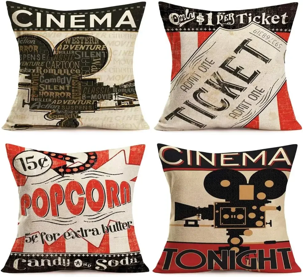 Vintage Cinema Decorative Pillow Covers with Popcorn, Projector, Admit One Ticket Decorative Square Cushion Cover  Home Couch