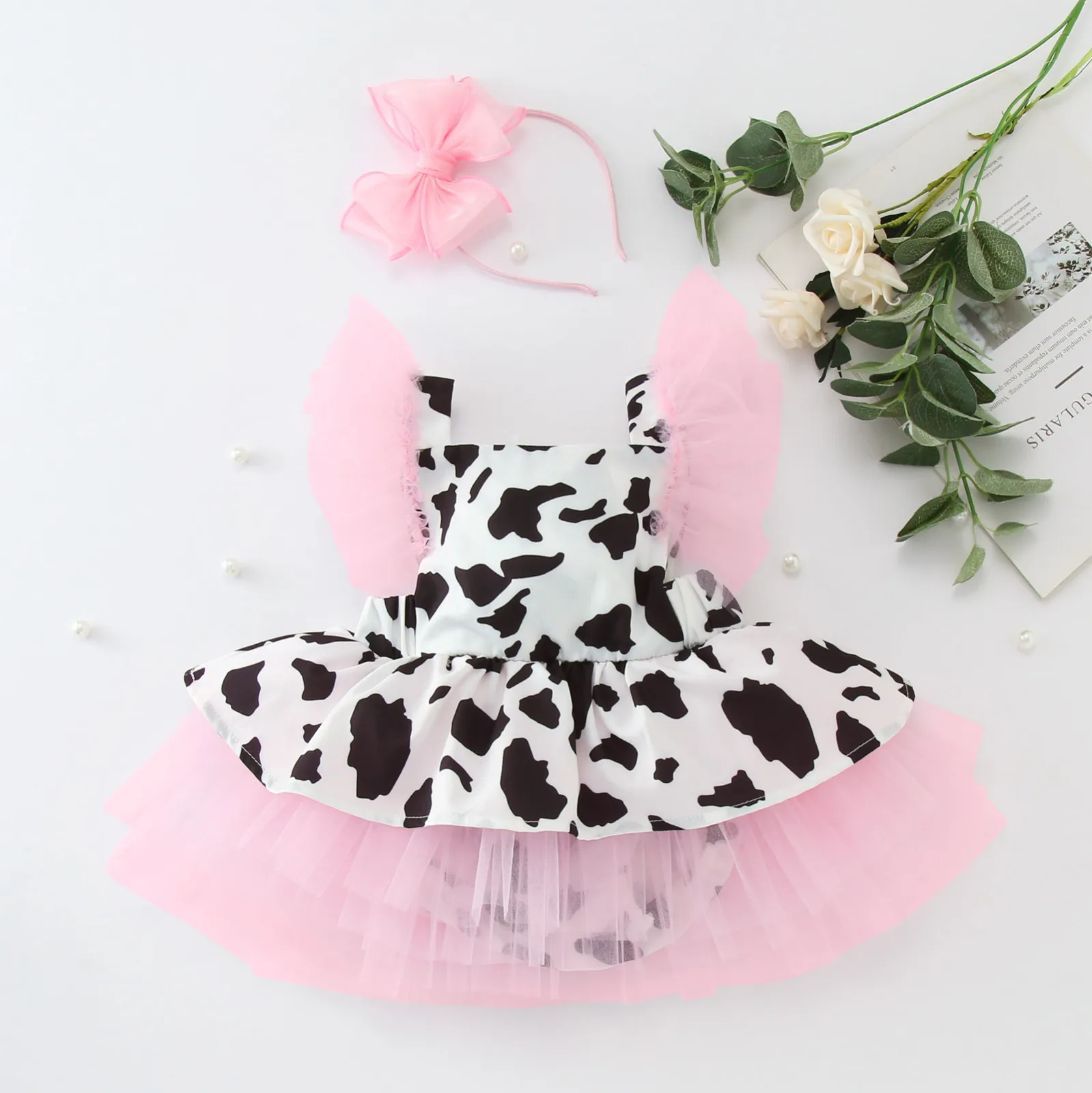 Pelele con estampado de vaca para niñas pequeñas, ropa de tul para recién nacidos, vestidos de tutú sin mangas, trajes de actuación de fiesta, 0-4