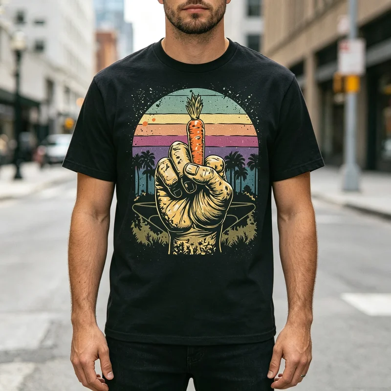 Retro Carrot Hand Tee Vintage Sunset Palm Print Mens Cotton Short Sleeve Casual Streetwear  Y2k Top Oversized T Shirt