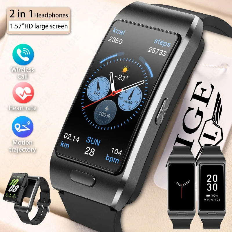 LIGE 2025 Smart Watches with Earbud Always Show Time Bluetooth Call Smartwatch ECG Health Monitoring Smartband for iOS Android