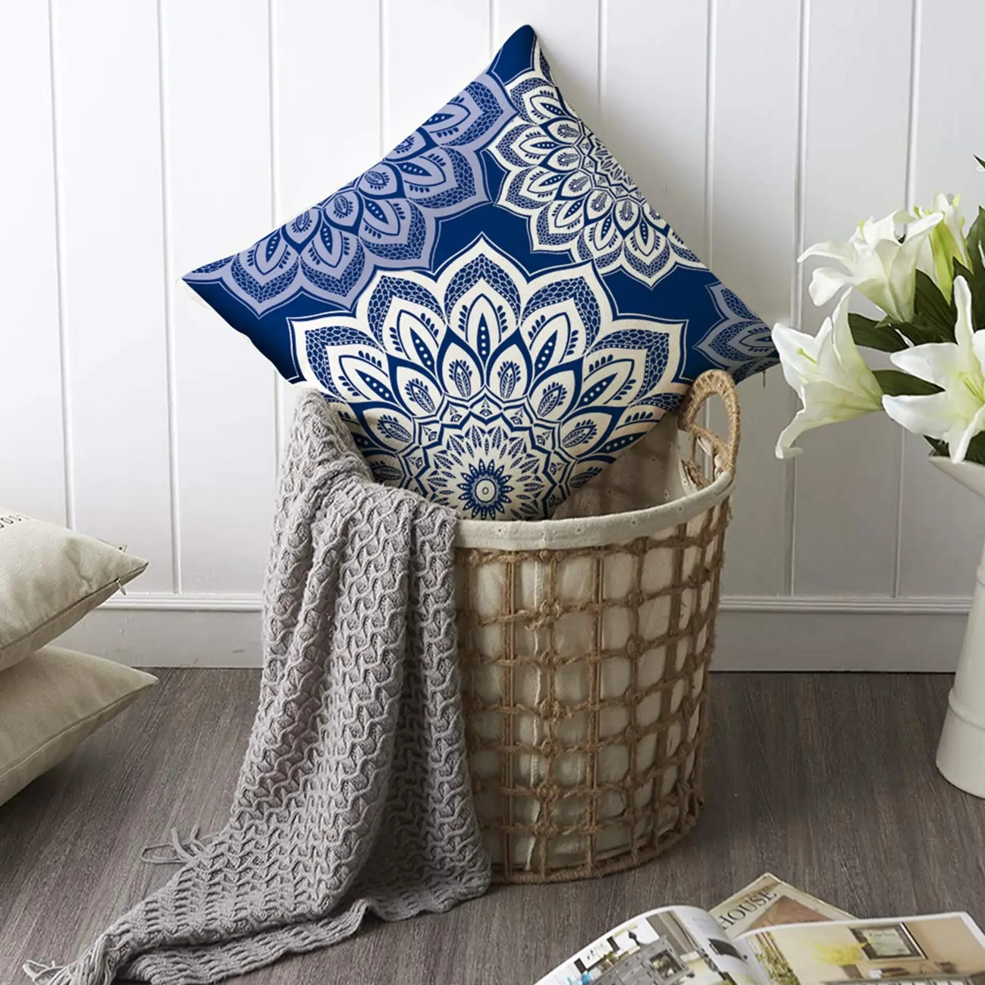 Dark blue geometric petal linen pillowcase sofa cushion cover home decoration can be customized for you 40x40 45x45 50x50 60x60