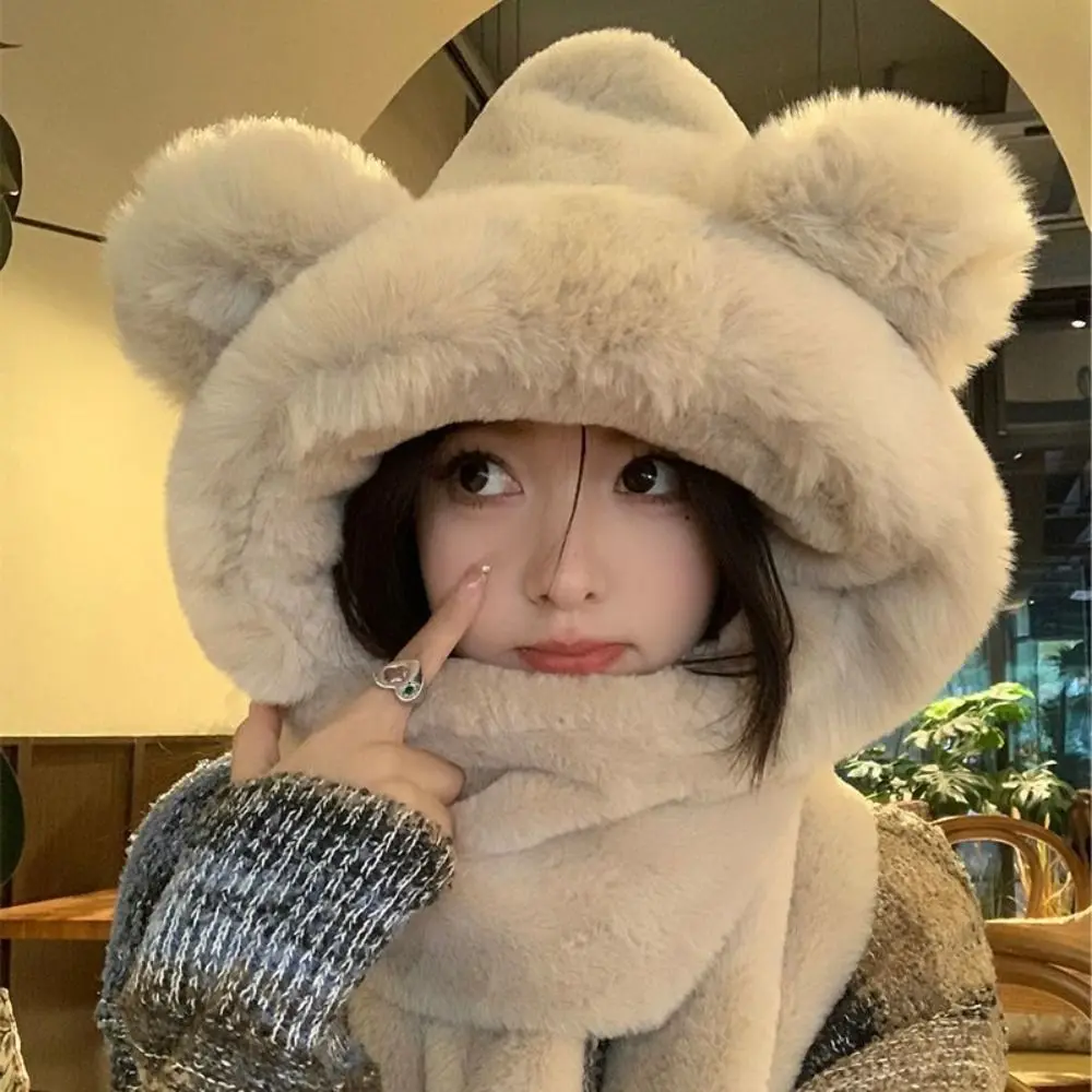 3 in 1 Hat Scarf Gloves Set Thickened Cute Bear Ear Women Beanies Cap Fleece-lined and Thickened Winter Warm