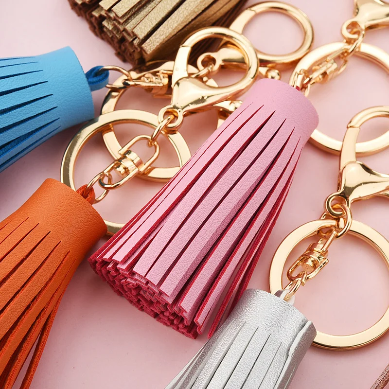 WFFNNKC 2Pcs 6CM Fashion PU Leather Tassel Pendant Keychain Gold Color Lobster Decor Accessory DIY Car Key Ring Fringe Ornaments