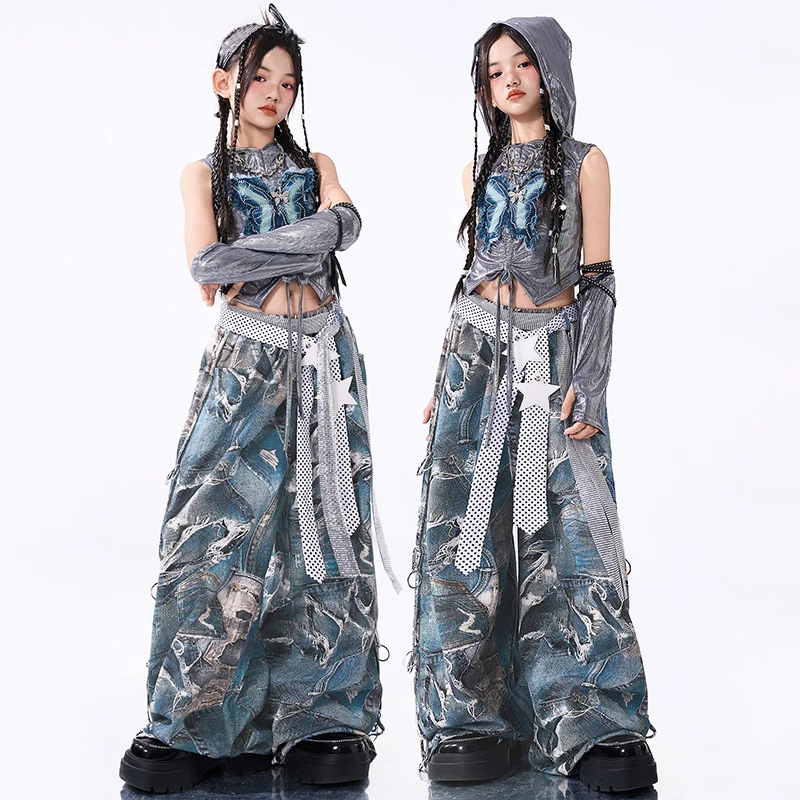 

2025 New Jazz Dance Clothes Girls Performance Clothing Kpop Stage Outfit Butterfly Top Shuffle Pants Fashion Streetwear AMY2807