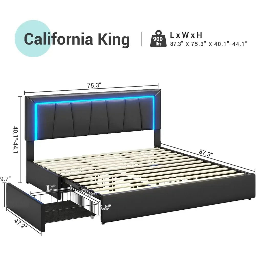 King Bed Frame with 4 Storage Drawers, with Charging Station, Black Artificial Leather Upholstered Headboard, No Spring Needed