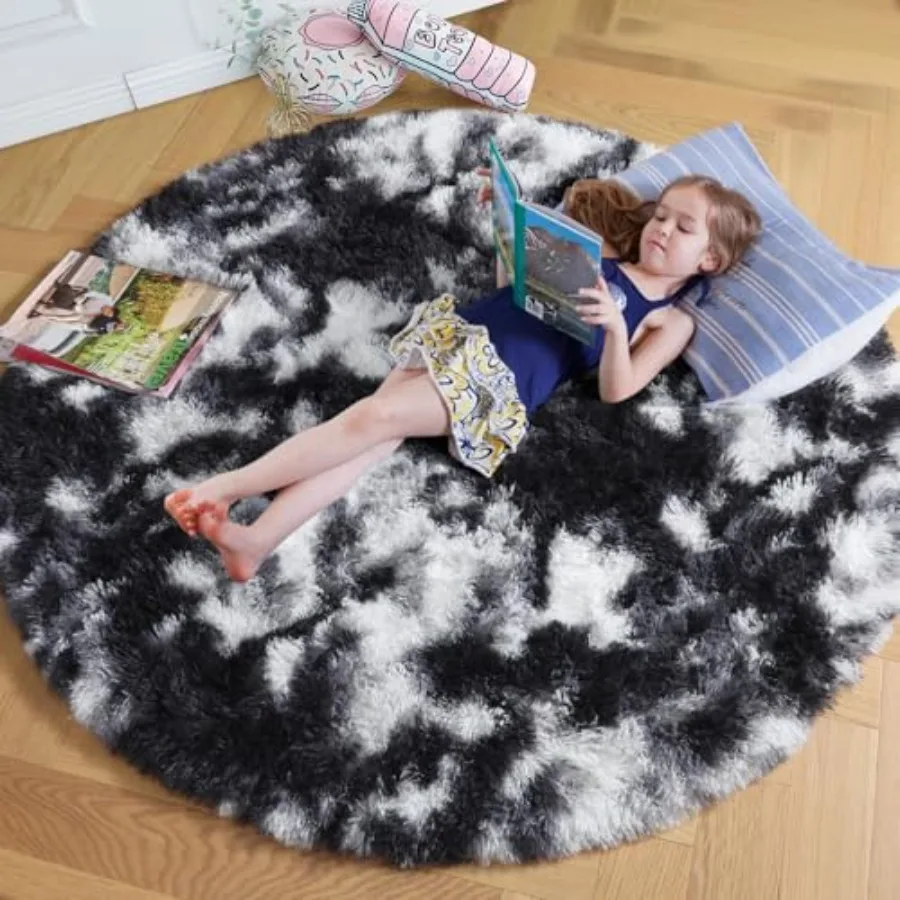 

Black White Grey Round Rug 4Ft Circle Area Rugs for Bedroom Living Room Fluffy Fuzzy Shaggy Furry Rugs for Room Dorm Home Offic
