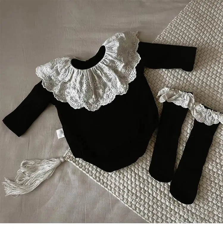 2025 Spring Autumn Korean Baby Clothes Lace Collar Baby Girl's One Piece Clothes Princess Climbing Clothes with Socks