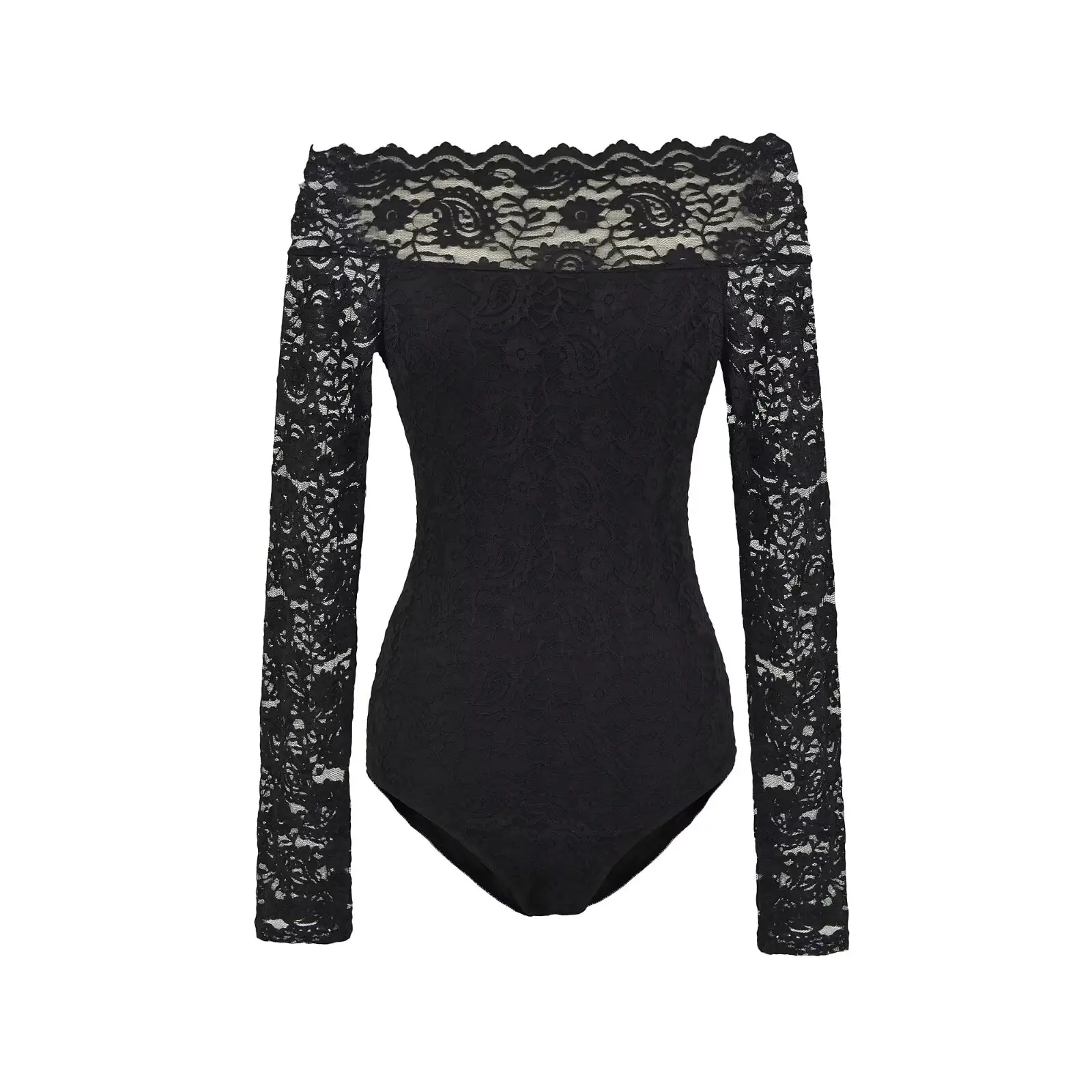 Sexy Off Shoulder Black Lace Bodysuits Women Long Sleeve Elastic Slim Tops Jumpsuits