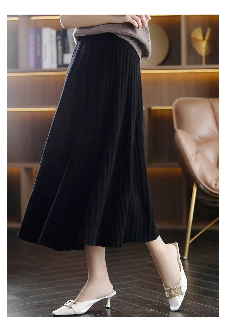 Autumn Winter Wool Lady Half Pleated Skirt Coffee Color Youth Fashion High Waisted Cashmere Knitted Umbrella Skirt Soft Delicate